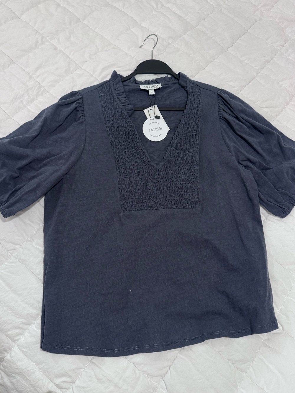Navy Smocked V-Neck Puff Sleeve Blouse